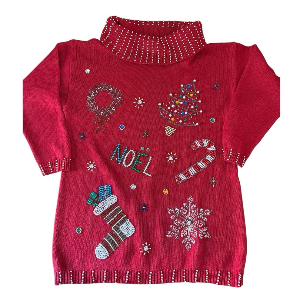VTG Victoria Jones Womens LARGE Sweater Christmas Beads Knitted Noel READ